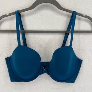 Victoria's Secret Lined‎ Demi Bra Teal Blue Gold V Hardware 32DD